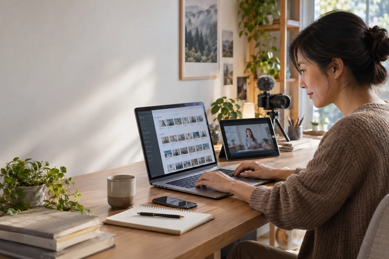 Créatrice organisant ses leçons et apprenant sur tablette — illustration conceptuelle.