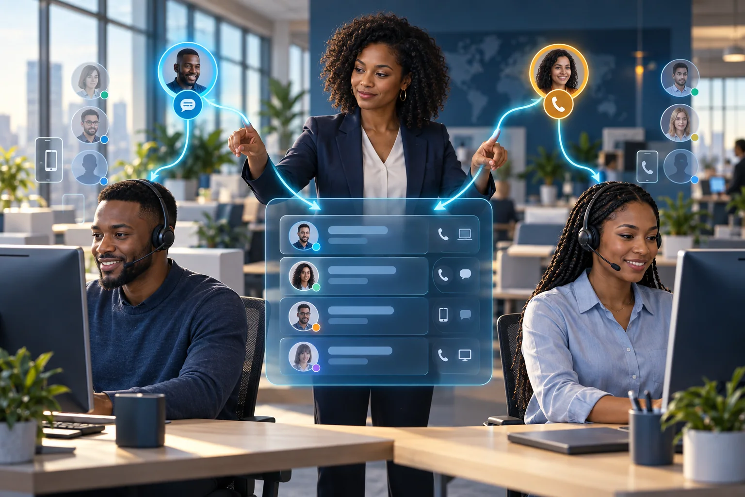 Une équipe coordonne les conversations des clients.
