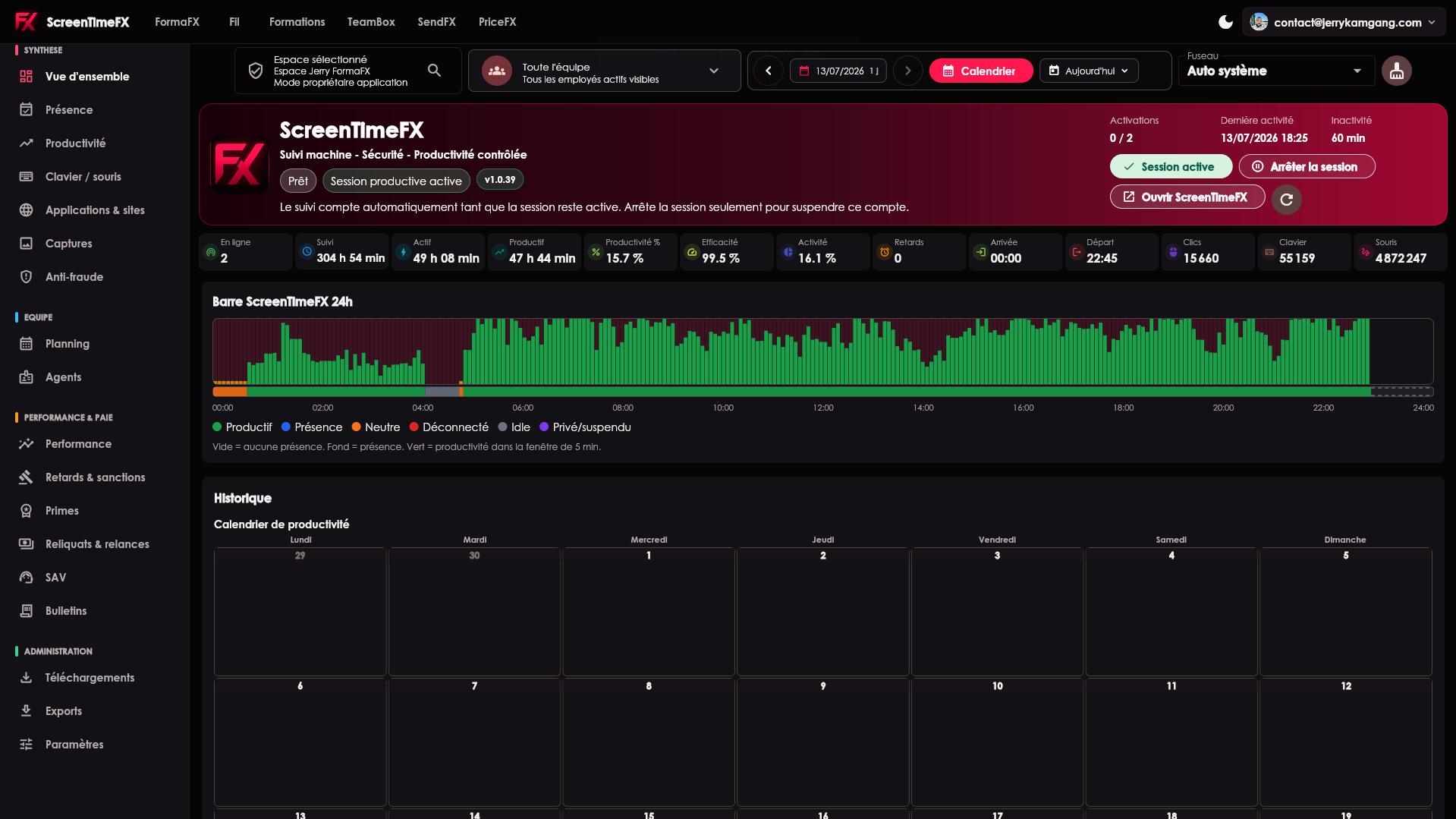 Tableau de bord ScreenTimeFX