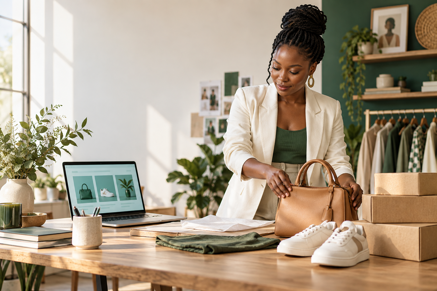 Une entrepreneuse présente les produits de sa boutique.